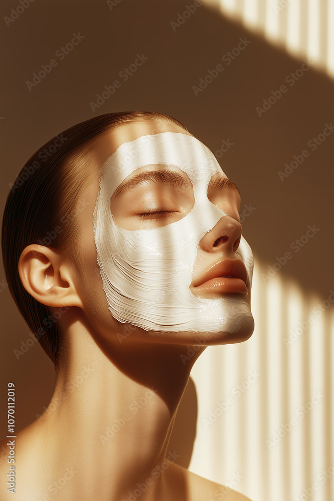 A close-up portrait of a young woman enjoying a facial clay mask for healthy skin.