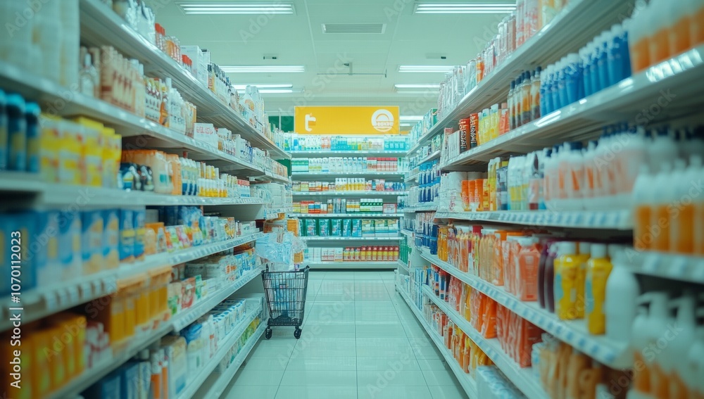 A large store aisle with many bottles of lotion and other products A large store aisle with many bottles of lotion and other products