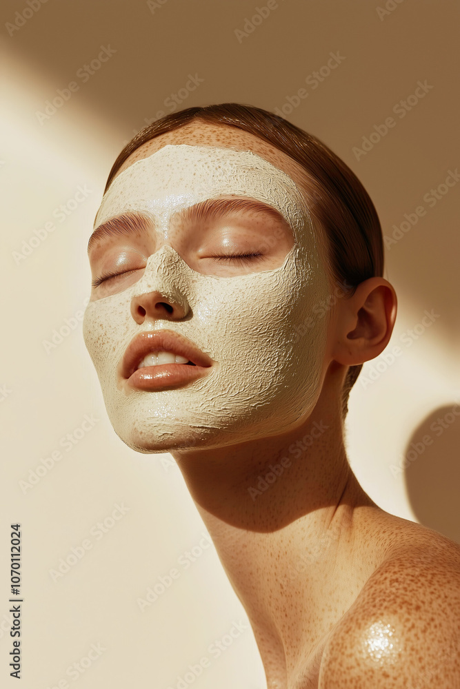 A serene studio shot of a young woman applying a facial clay mask during a wellness treatment.