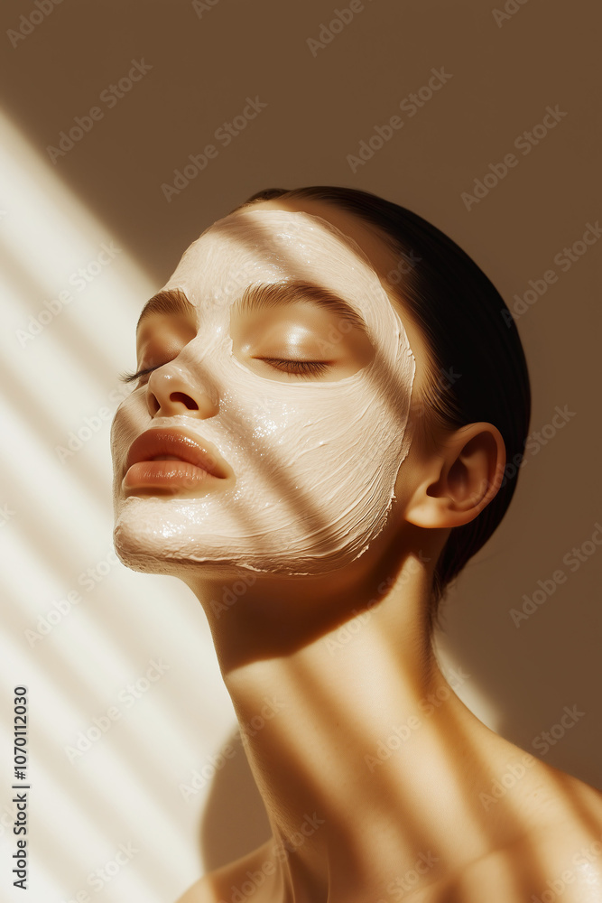 A fresh and soothing studio close-up of a young woman with a beauty clay mask.