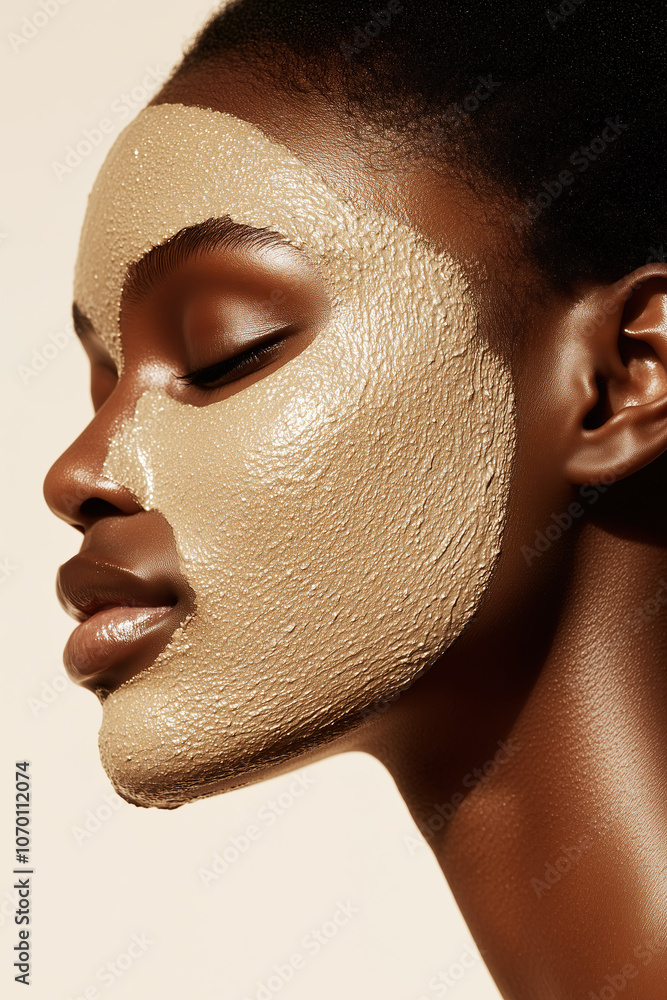 A soothing close-up of a woman with a clay mask, eyes closed, embracing skincare and wellness.