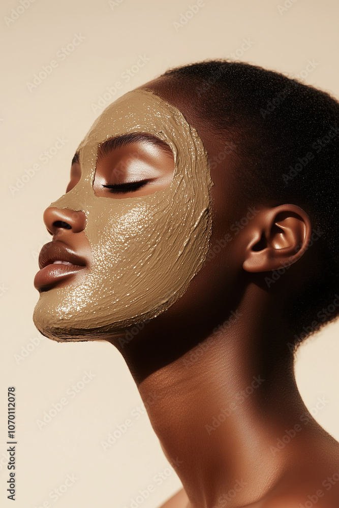 A calming portrait of a young African woman with a clay mask, promoting self-care and relaxation.