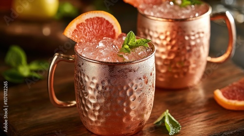 Blood Orange Champagne Mule. Chilled Citrus Mint Cocktail in Copper Mugs