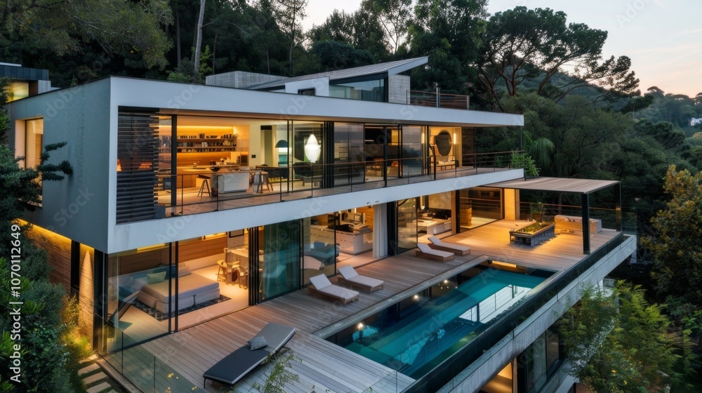 Fototapeta premium Modern Luxury Home at Dusk with Illuminated Interior
