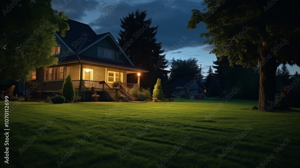 Cozy Suburban House at Twilight with Illuminated Porch Cozy Suburban House at Twilight with Illuminated Porch