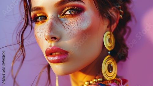 Glamorous Fashion Model with Vibrant Makeup and Stylish Earrings