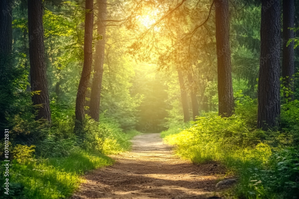 Obraz premium A path through a forest with sunlight shining through the trees