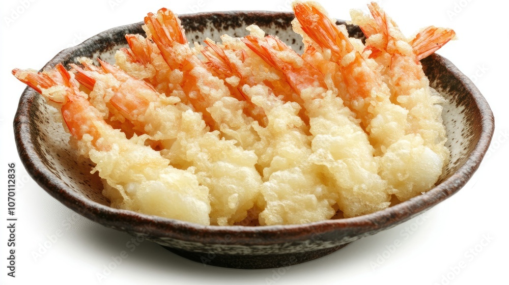 Plate of shrimp tempura with golden-brown batter, isolated on a white background for a simple, elegant presentation of the Japanese delicacy. Plate of shrimp tempura with golden-brown batter, isolated on a white background for a simple, elegant presentation of the Japanese delicacy.