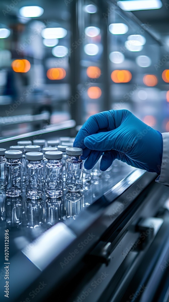 Clear glass vials are uniformly aligned in a sterile laboratory setting, with a blue-gloved hand nearby, symbolizing order and precision in practice. Clear glass vials are uniformly aligned in a sterile laboratory setting, with a blue-gloved hand nearby, symbolizing order and precision in practice.
