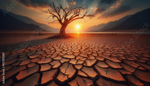 Sunset in the desert,  dry lake, cracked dry water bead, a lush dead tree on the right. Generative AI.