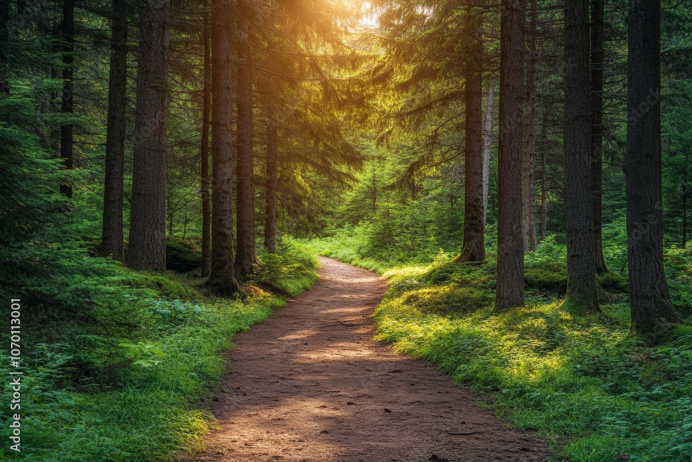 Obraz premium A path through a forest with sunlight shining through the trees