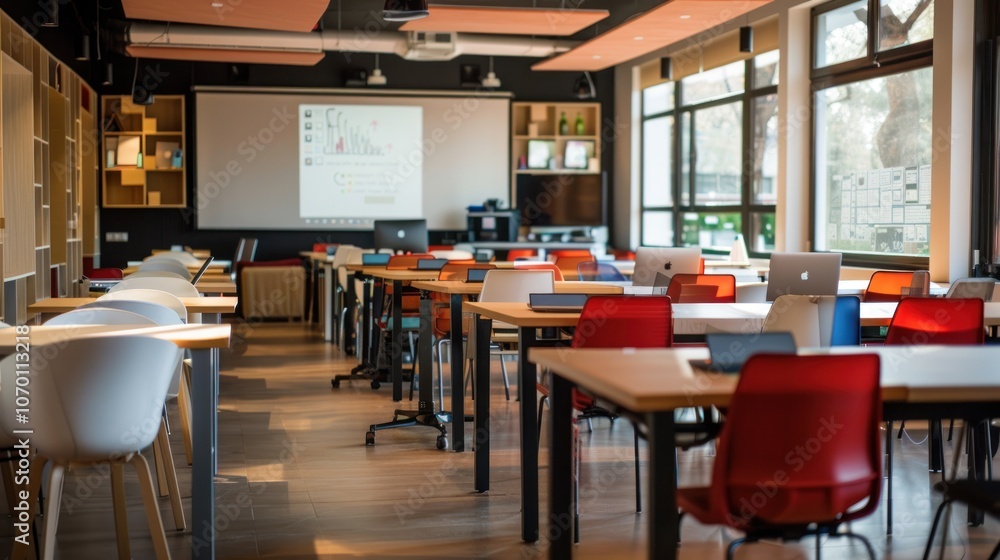 A dynamic shot of a fully equipped training room with whiteboards, projectors, and laptops available for participants, illustrating how rented spaces provide the tools needed for interactive learning A dynamic shot of a fully equipped training room with whiteboards, projectors, and laptops available for participants, illustrating how rented spaces provide the tools needed for interactive learning