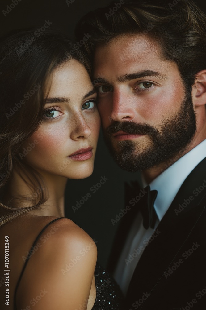 A man and a woman are posing for a photo in a black dress and a tuxedo A man and a woman are posing for a photo in a black dress and a tuxedo