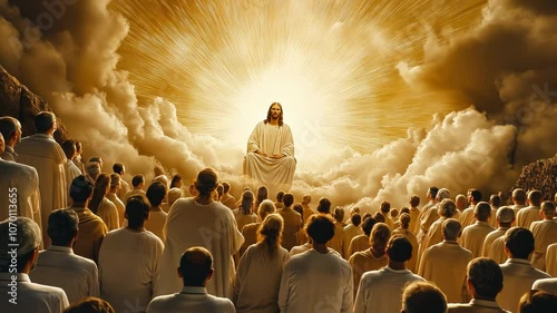 Jesus Christ, divine figure surrounded by believers in radiant light for faith, hope, and salvation. Spiritual gathering symbolizing love, unity, and the message of eternal life and resurrection
