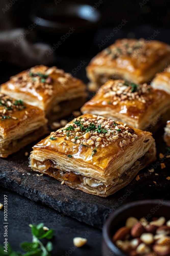 Delicious baklava with nuts and honey drizzle on rustic slate National Baklava Day Delicious baklava with nuts and honey drizzle on rustic slate National Baklava Day