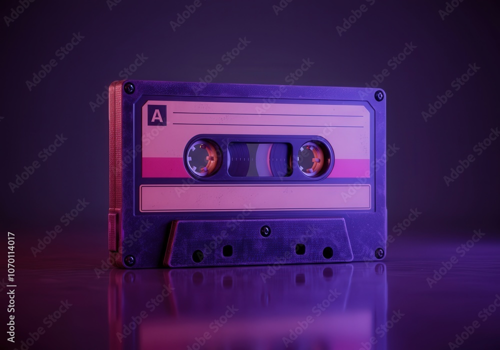 Obraz premium Old audio cassette tape bathed in vibrant neon light, creating a nostalgic atmosphere