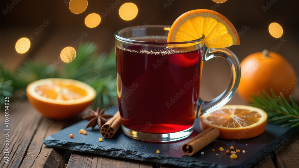 Cozy hot mulled wine with orange slice and cinnamon on rustic slate with festive lighting Cozy hot mulled wine with orange slice and cinnamon on rustic slate with festive lighting