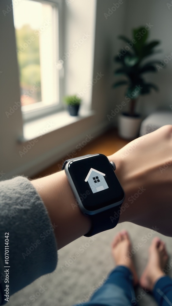 Wearable device on hand with home icon, ideal for users interested in smart home features and seamless control. Wearable device on hand with home icon, ideal for users interested in smart home features and seamless control.