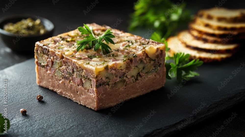 Gourmet terrine on slate with crackers and fresh herbs National pate Day Gourmet terrine on slate with crackers and fresh herbs National pate Day