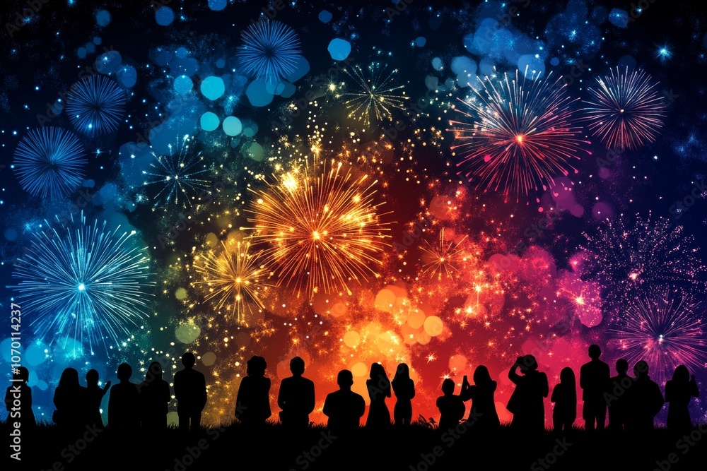 A group of people are celebrating with fireworks in the sky A group of people are celebrating with fireworks in the sky