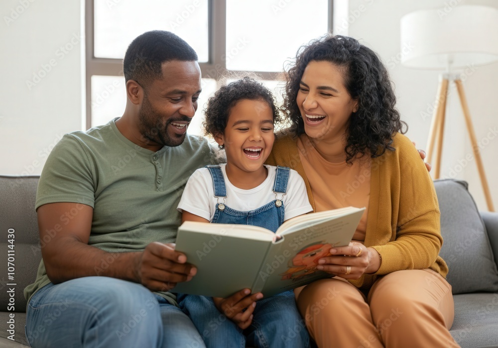 Parents and daughter enjoying quality time together, reading a book and laughing on the sofa Parents and daughter enjoying quality time together, reading a book and laughing on the sofa