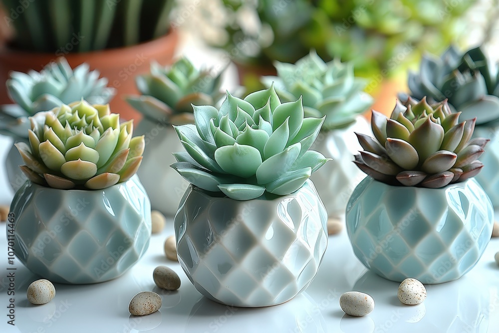 Elegant succulent arrangement in modern geometric pots Elegant succulent arrangement in modern geometric pots
