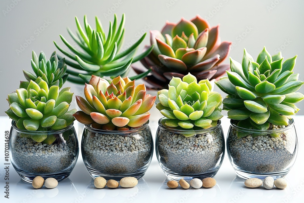 Vibrant succulent arrangement in glass pots with stone accents on a minimalist surface Vibrant succulent arrangement in glass pots with stone accents on a minimalist surface