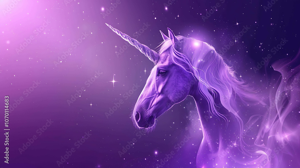 majestic purple unicorn with long flowing mane stands in a field of stars. majestic purple unicorn with long flowing mane stands in a field of stars.