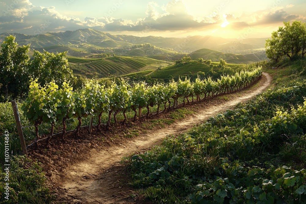 Naklejka premium Scenic vineyard landscape at sunset with rolling hills and sunlit path