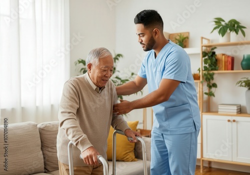 Obraz na płótnie Male nurse supports an elderly man as he uses a walker in a home healthcare setting w salonie