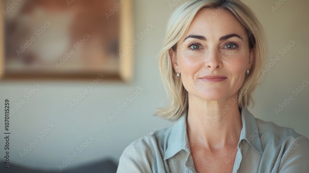 Serene portrait of a smiling woman in a relaxed home environment Serene portrait of a smiling woman in a relaxed home environment