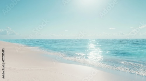 Serene beach scene with untouched sand, calm turquoise sea, and radiant sunlight illuminating the shoreline.