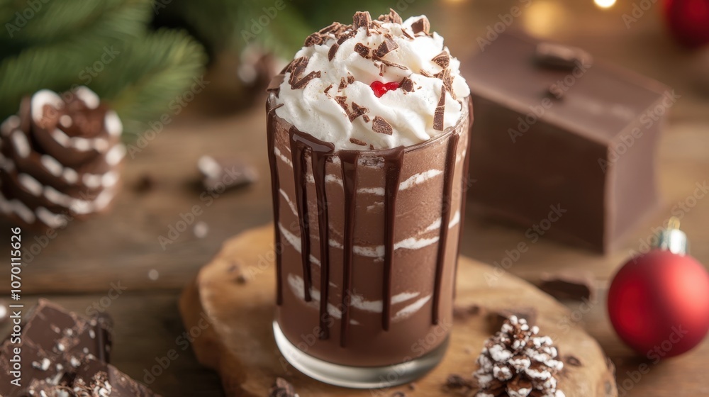 Chocolate Yule Log Shake Festive chocolate milkshake with whipped cream and cherry for holiday dessert delight Chocolate Yule Log Shake Festive chocolate milkshake with whipped cream and cherry for holiday dessert delight
