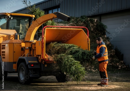 Forestry worker inserting christmas tree into wood chipper machine for recycling photo