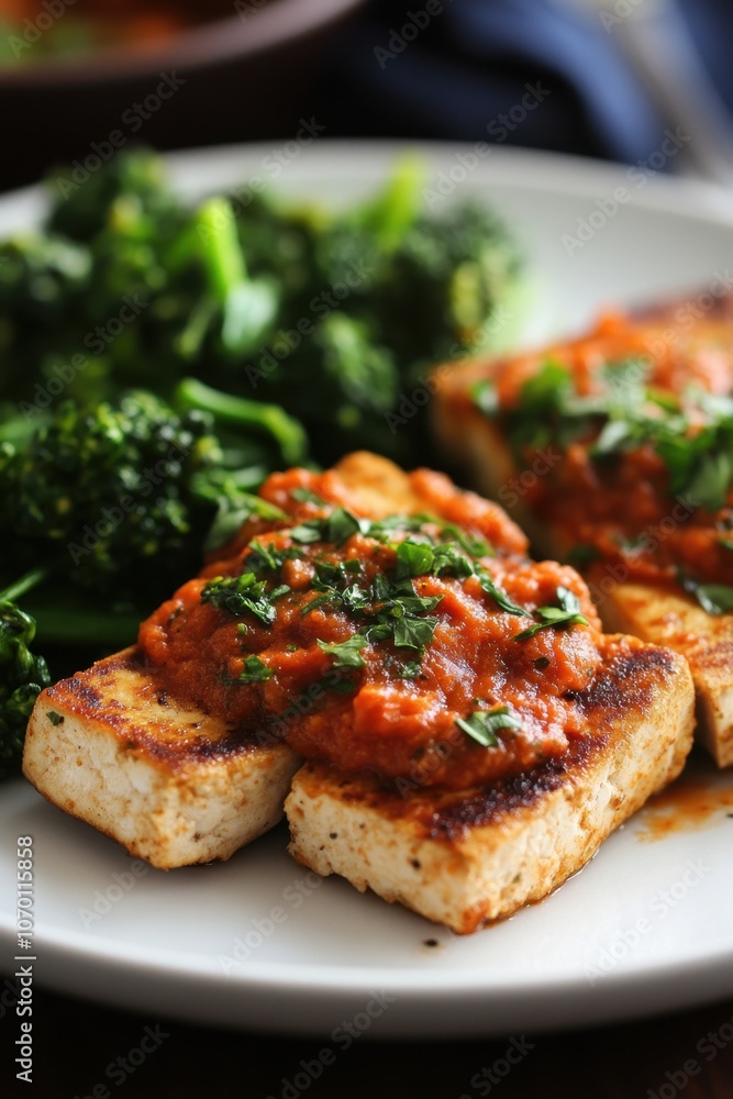 Grilled tofu with savory tomato sauce and steamed broccoli for a healthy vegan meal Grilled tofu with savory tomato sauce and steamed broccoli for a healthy vegan meal