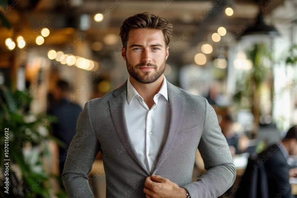 A man in a suit and tie stands in front of a plant A man in a suit and tie stands in front of a plant