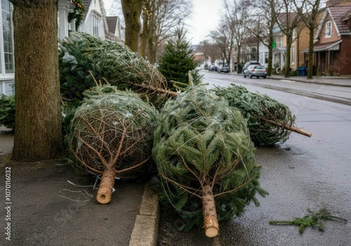 Christmas trees wrapped in netting are placed on the curb of a residential street waiting to be collected after the holiday season photo