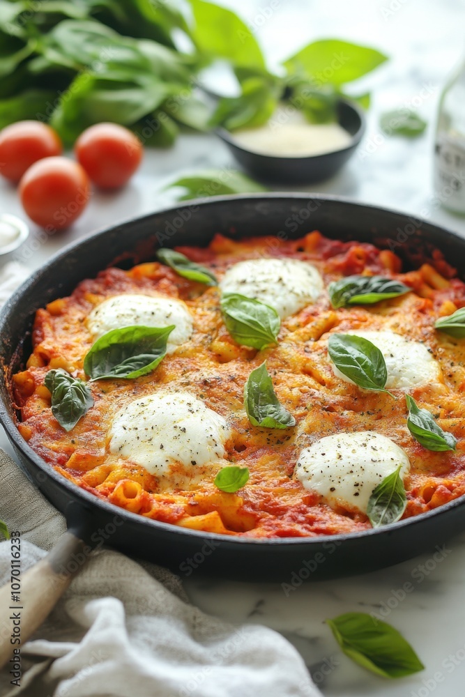 Fresh italian baked pasta with mozzarella and basil in a skillet Fresh italian baked pasta with mozzarella and basil in a skillet