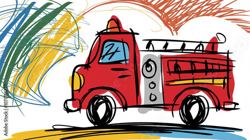 Hand Drawn Fire Truck Illustration for Kids  Emergency Vehicle Cartoon  Firefighter  Fire