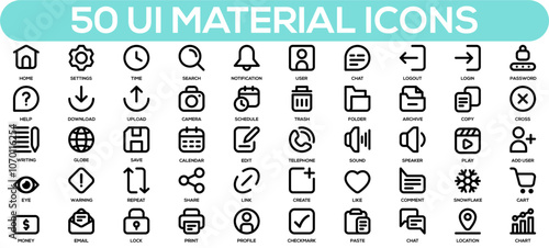 Ui material icon collection set. Containing home,settings,time,notification,user,chat icon. Simple line vector illustration.