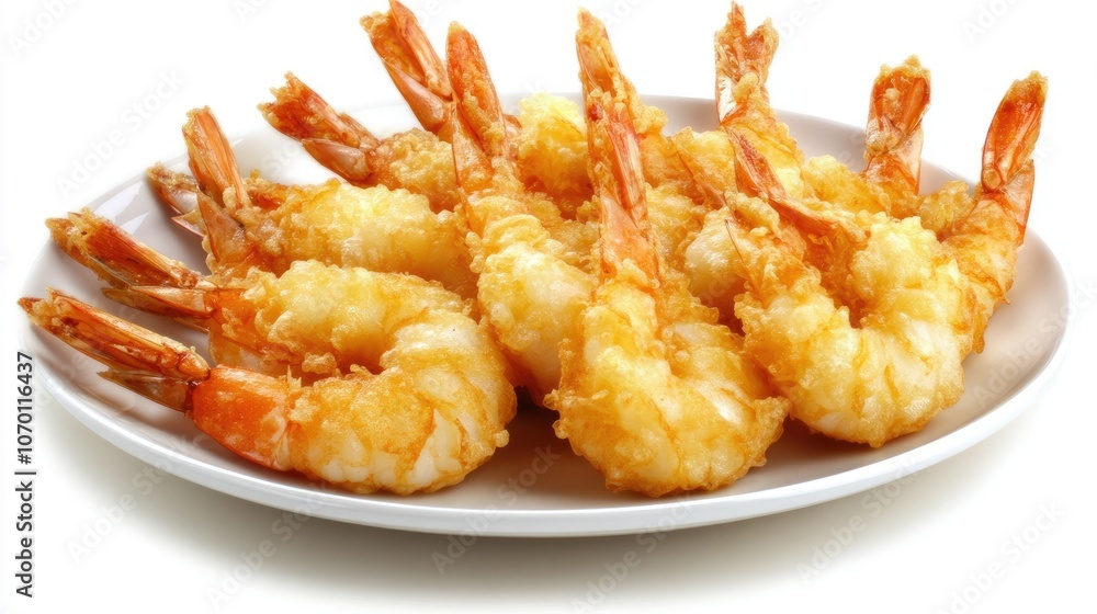 Shrimp tempura on a white plate, each piece with a golden, airy batter, set against a white background to highlight its simplicity and appeal. Shrimp tempura on a white plate, each piece with a golden, airy batter, set against a white background to highlight its simplicity and appeal.
