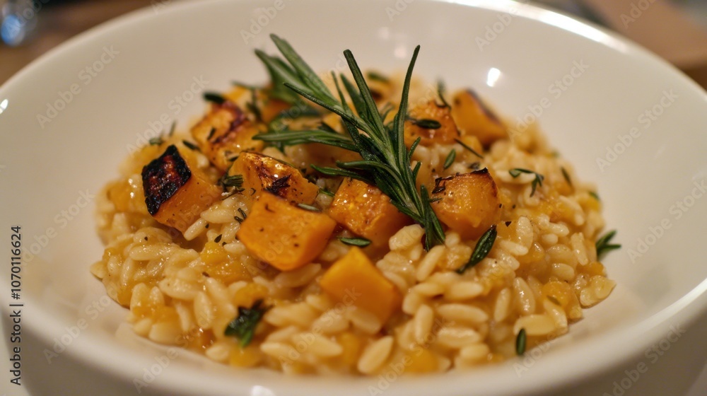 Delicious autumn risotto with roasted pumpkin and fresh herbs for cozy meal inspiration Delicious autumn risotto with roasted pumpkin and fresh herbs for cozy meal inspiration
