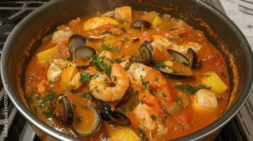 Delicious homemade seafood stew with clams, shrimp, and vegetables in savory tomato broth