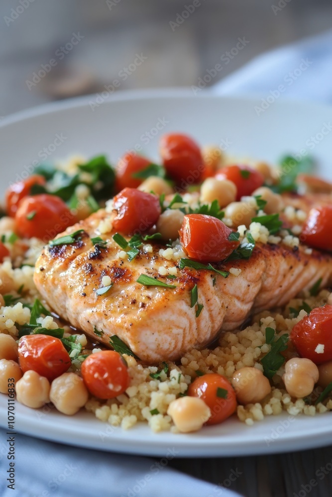 Grilled salmon with roasted cherry tomatoes and chickpeas over couscous Grilled salmon with roasted cherry tomatoes and chickpeas over couscous