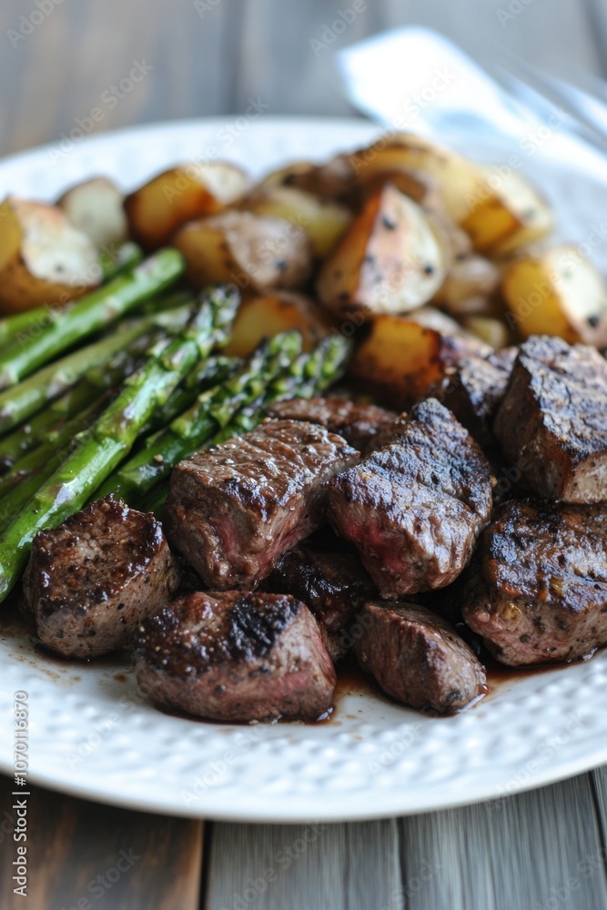 Savory grilled steak medley with roasted potatoes and asparagus for gourmet dining Savory grilled steak medley with roasted potatoes and asparagus for gourmet dining