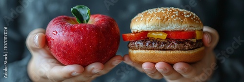 An evocative image of a red apple and a cheeseburger in contrasting hands, representing the thoughtful balance and choice related to health and lifestyle decisions. photo