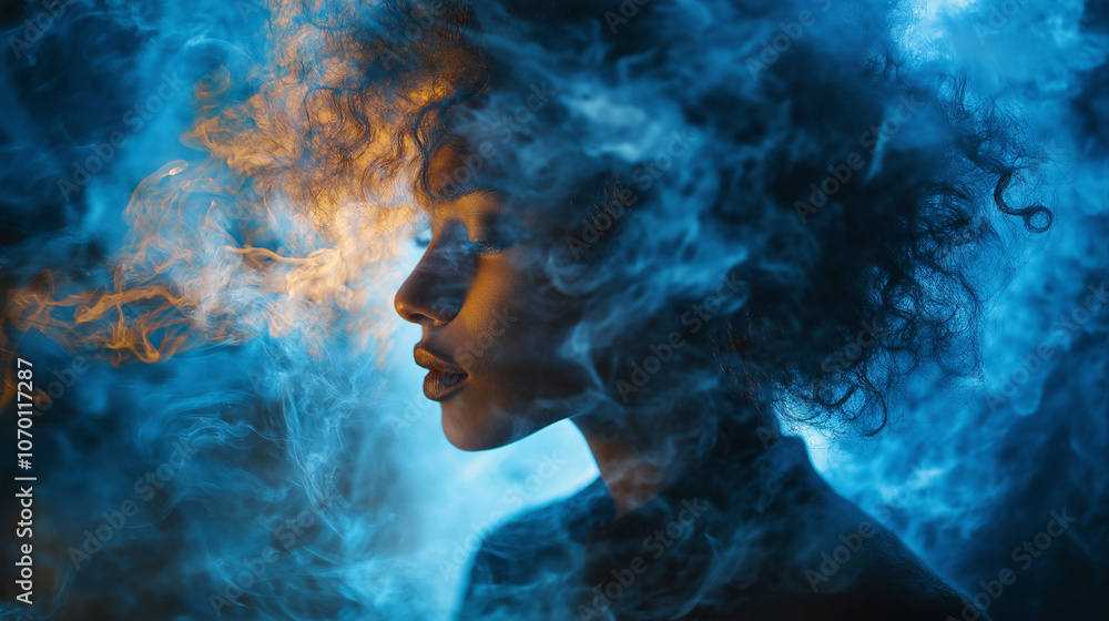 Ethereal Portrait of a Woman Amidst Vivid Orange and Blue Smoke: Dreamlike Atmosphere of Soft Light and Enigmatic Shadows Ethereal Portrait of a Woman Amidst Vivid Orange and Blue Smoke: Dreamlike Atmosphere of Soft Light and Enigmatic Shadows