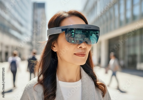 Businesswoman experiencing augmented reality using smart glasses, navigating in a modern city environment photo