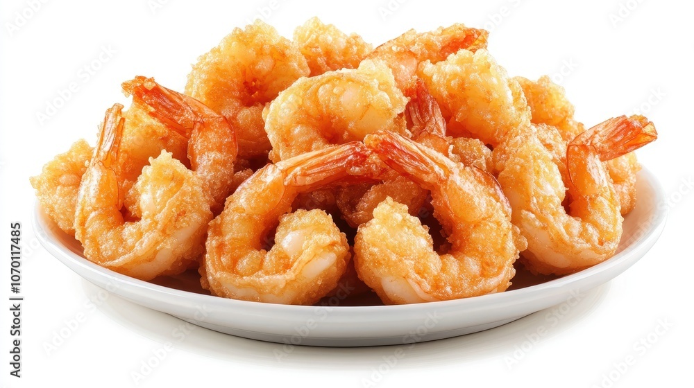 Shrimp tempura with golden, crispy batter arranged neatly on a plate, isolated on a white background, capturing an authentic Japanese dish. Shrimp tempura with golden, crispy batter arranged neatly on a plate, isolated on a white background, capturing an authentic Japanese dish.