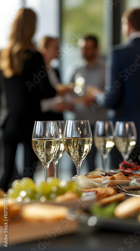 A group of colleagues socialize around a snack table, enjoying drinks and food in a bright modern setting